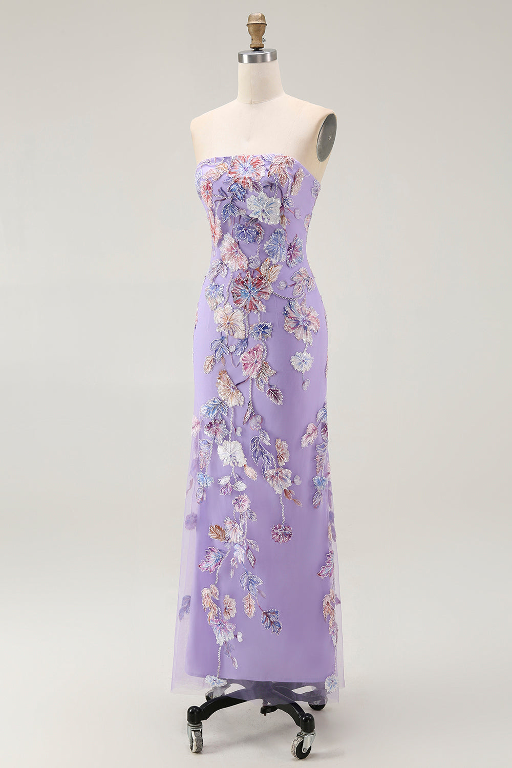 Vestido de Fiesta Morado sin Tirantes Estilo Tubo con Flores y Cuentas