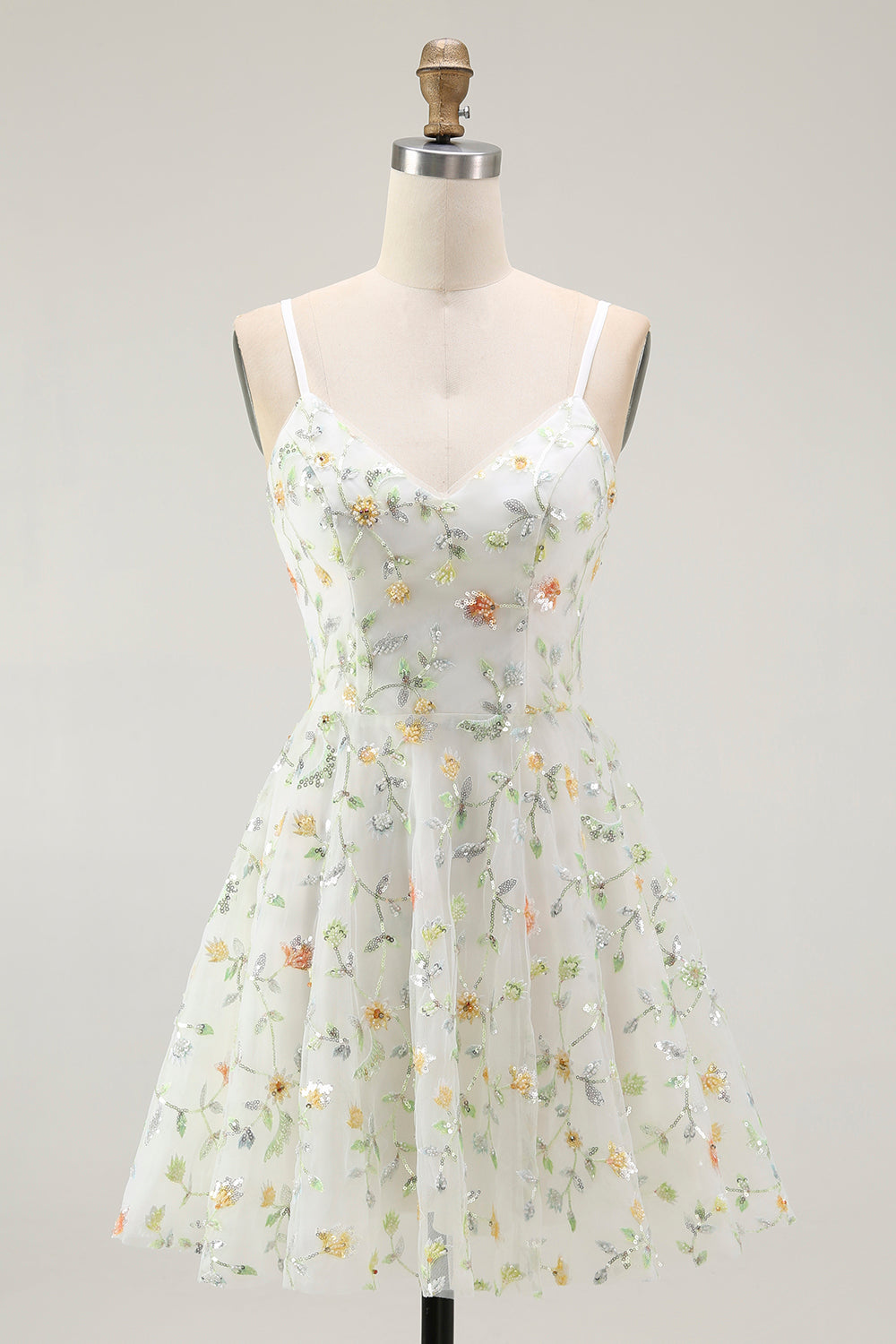 Green Floral A-Line Spaghetti Strap Short Prom Dress