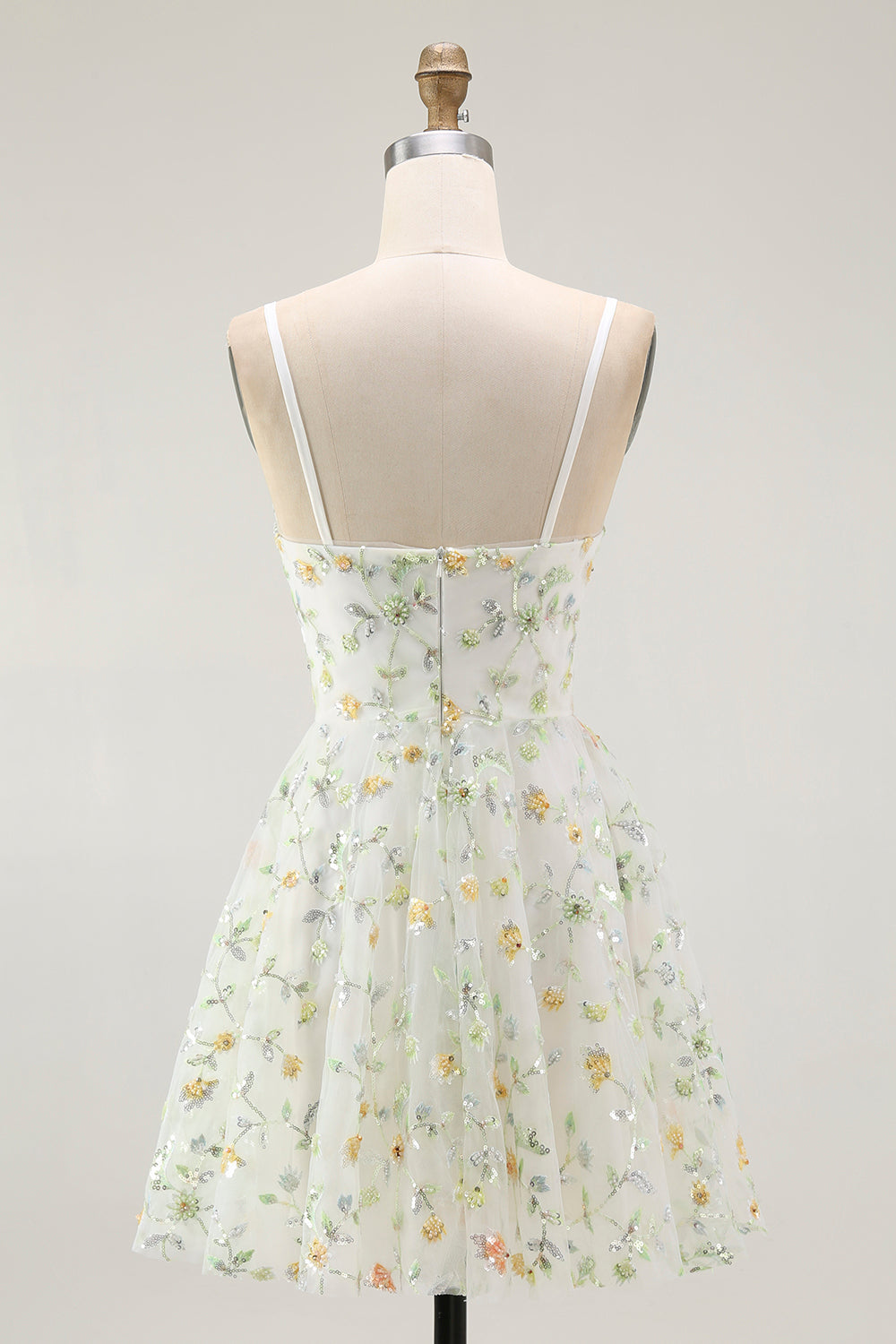 Green Floral A-Line Spaghetti Strap Short Prom Dress