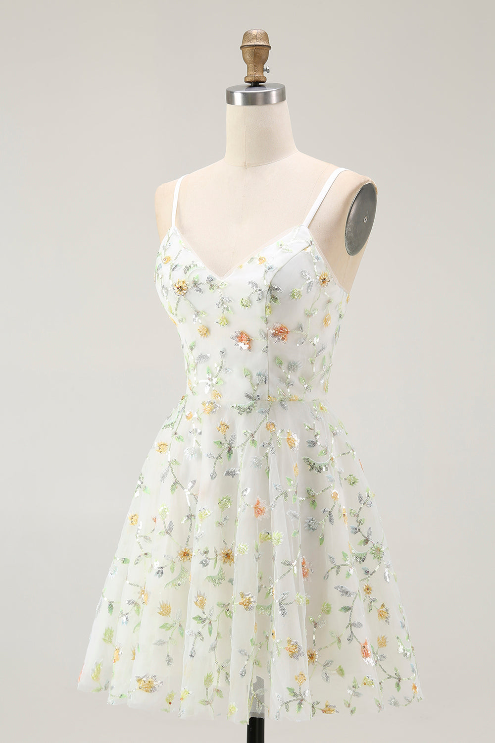 Green Floral A-Line Spaghetti Strap Short Prom Dress