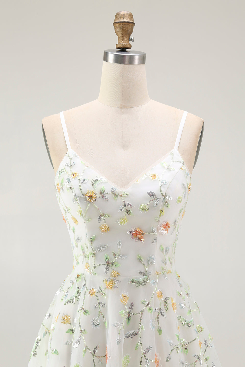 Green Floral A-Line Spaghetti Strap Short Prom Dress