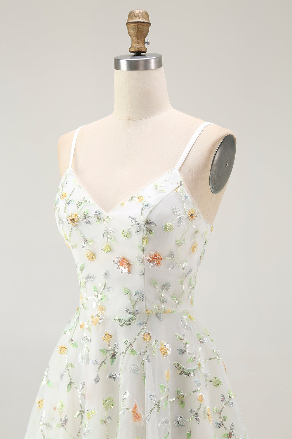 Green Floral A-Line Spaghetti Strap Short Prom Dress