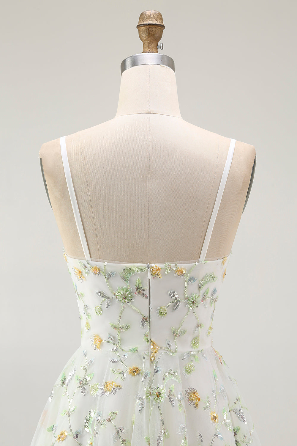 Green Floral A-Line Spaghetti Strap Short Prom Dress