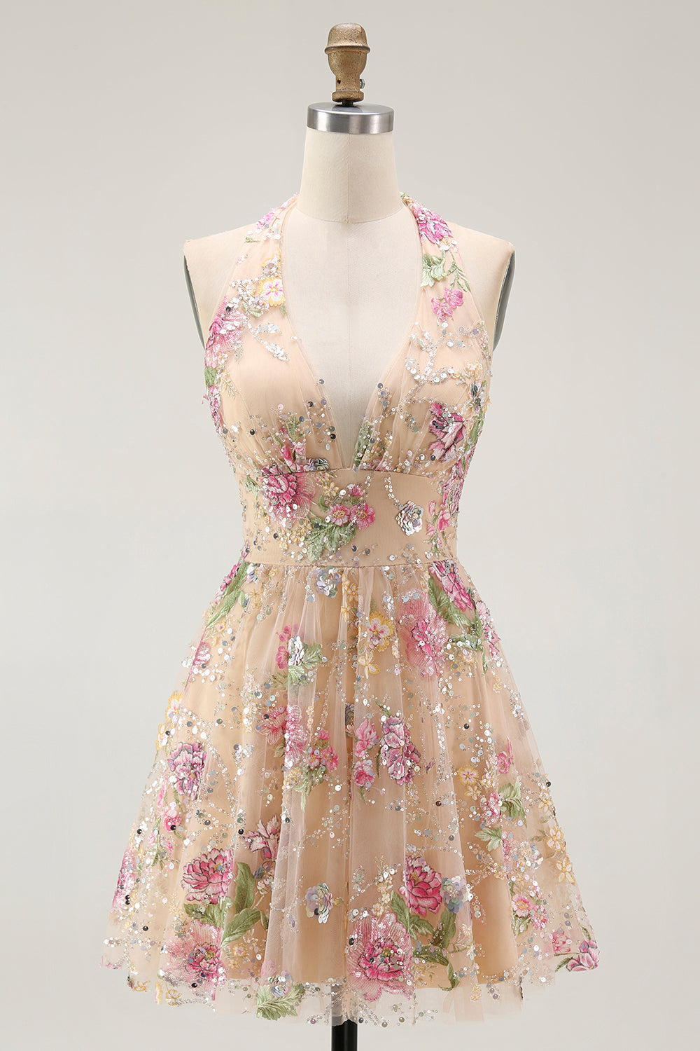 Sparkly Halter Floral Champagne A Line Halter Sequins Cocktail Dress