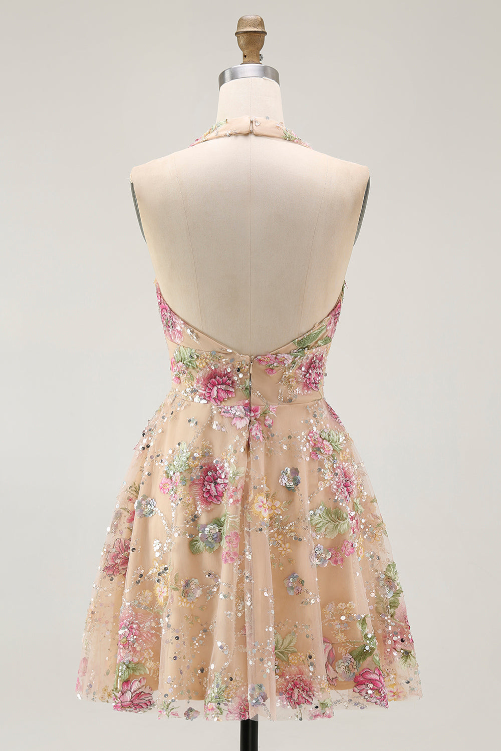 Sparkly Halter Floral Champagne A Line Halter Sequins Cocktail Dress