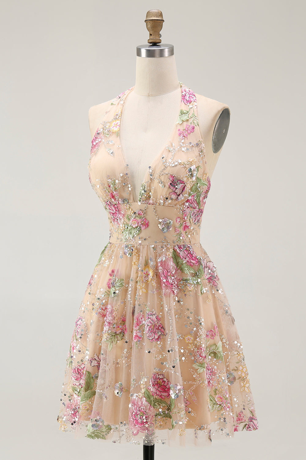 Sparkly Halter Floral Champagne A Line Halter Sequins Cocktail Dress
