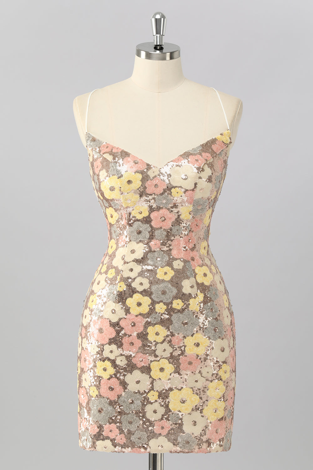 Yellow Floral Sequin Bodycon Mini Cocktail Dress