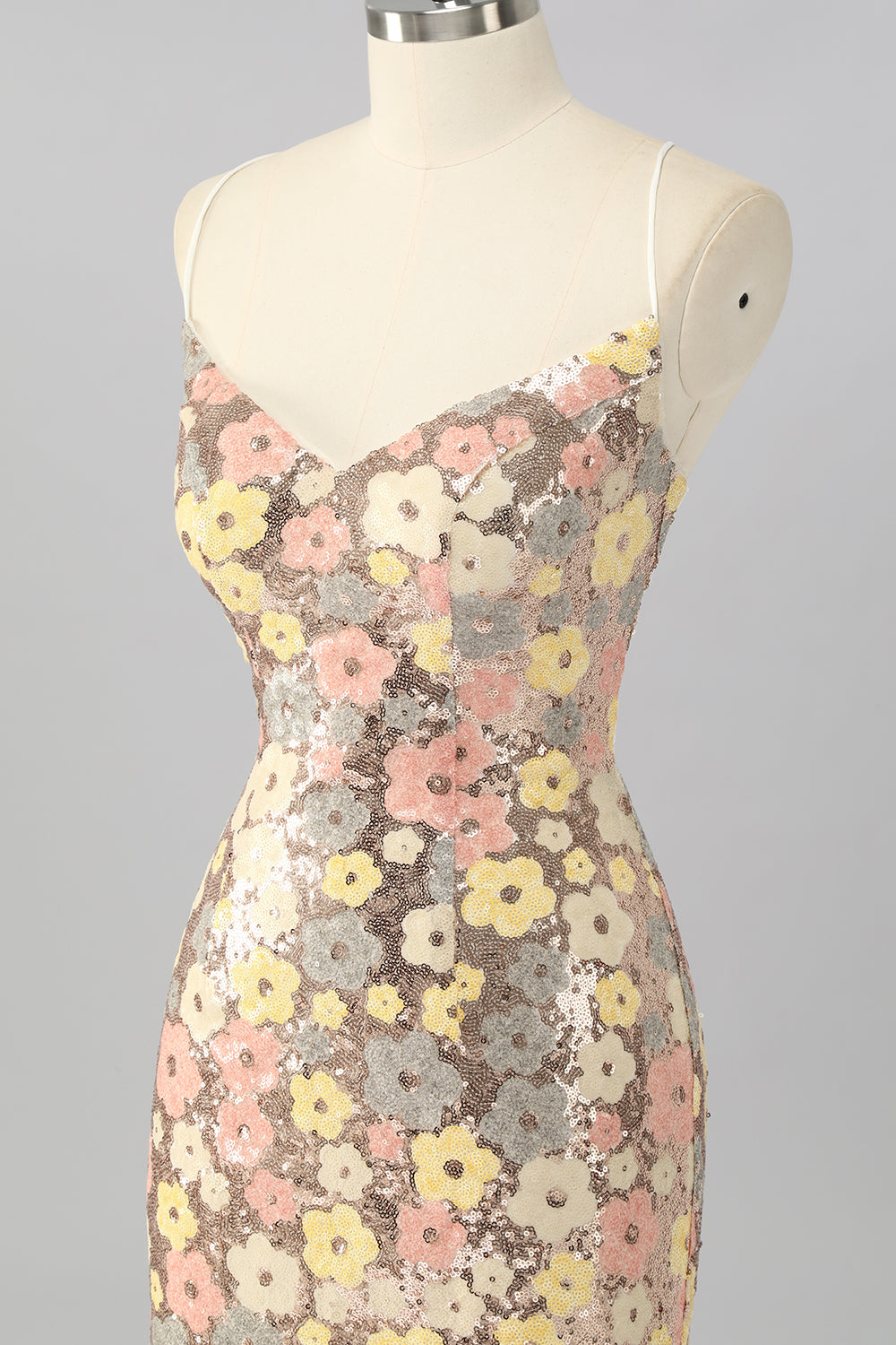 Yellow Floral Sequin Bodycon Mini Cocktail Dress
