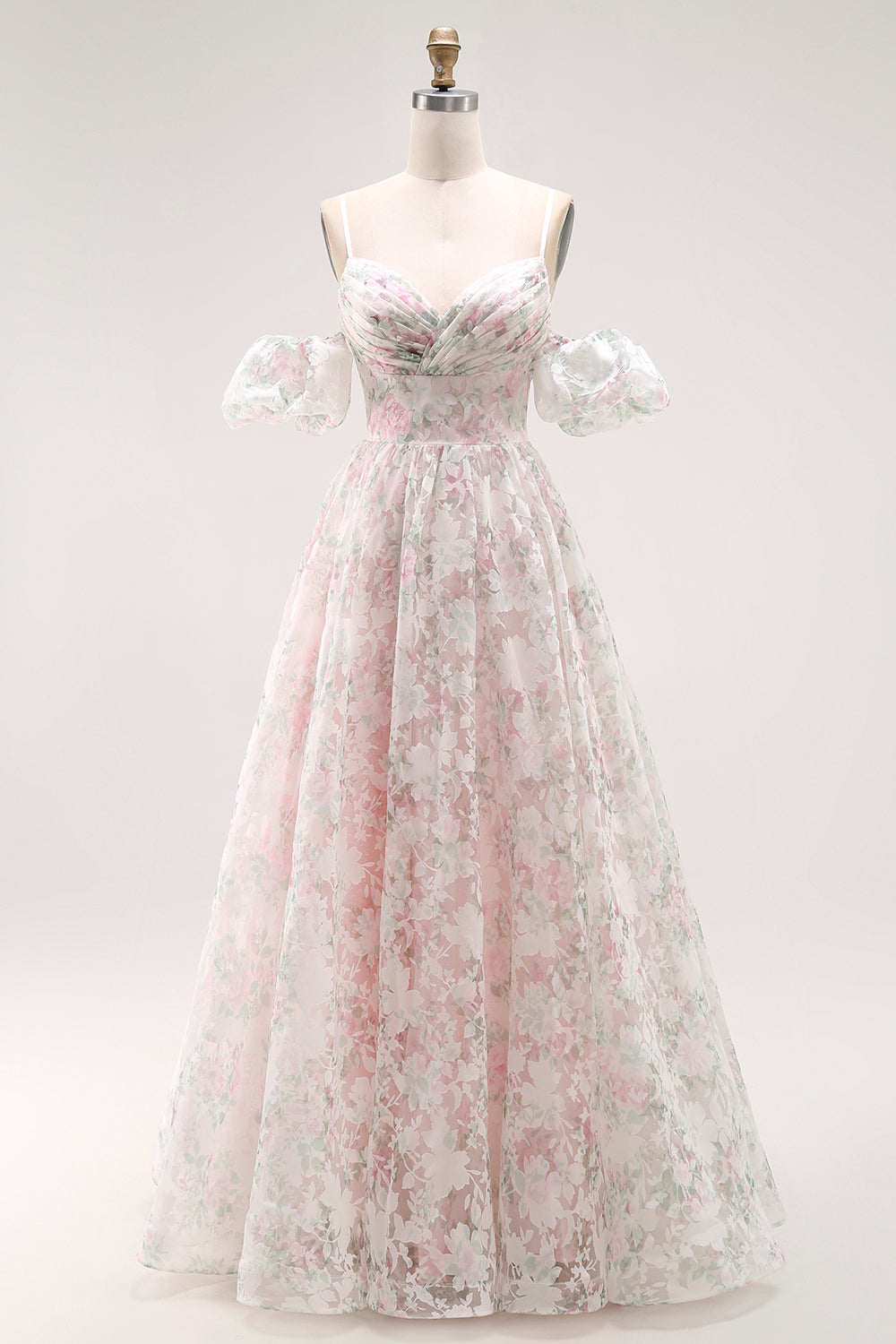 Cold Shoulder Blush Flower Printed A Line Long Prom Dress