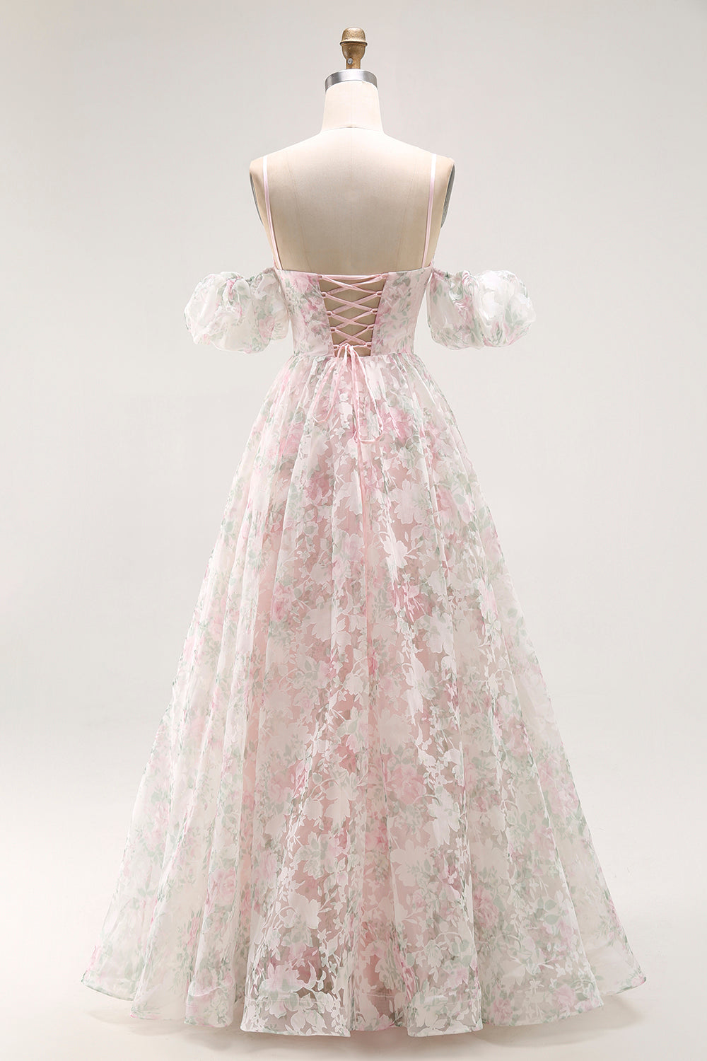 Cold Shoulder Blush Flower Printed A Line Long Prom Dress
