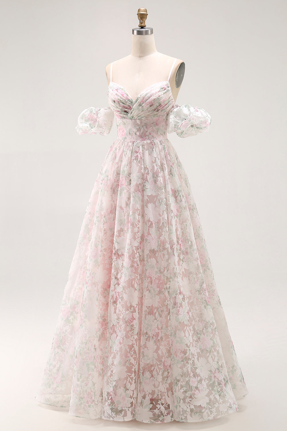 Cold Shoulder Blush Flower Printed A Line Long Prom Dress