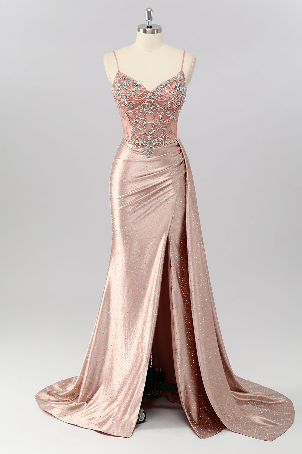 Robe de bal sirène blush à bretelles spaghetti et perles avec traîne latérale