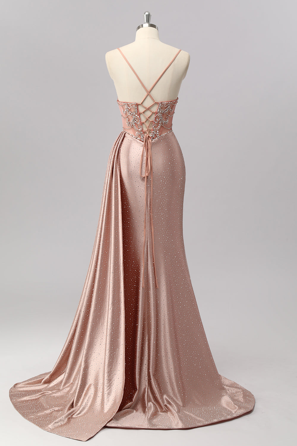 Robe de bal sirène blush à bretelles spaghetti et perles avec traîne latérale