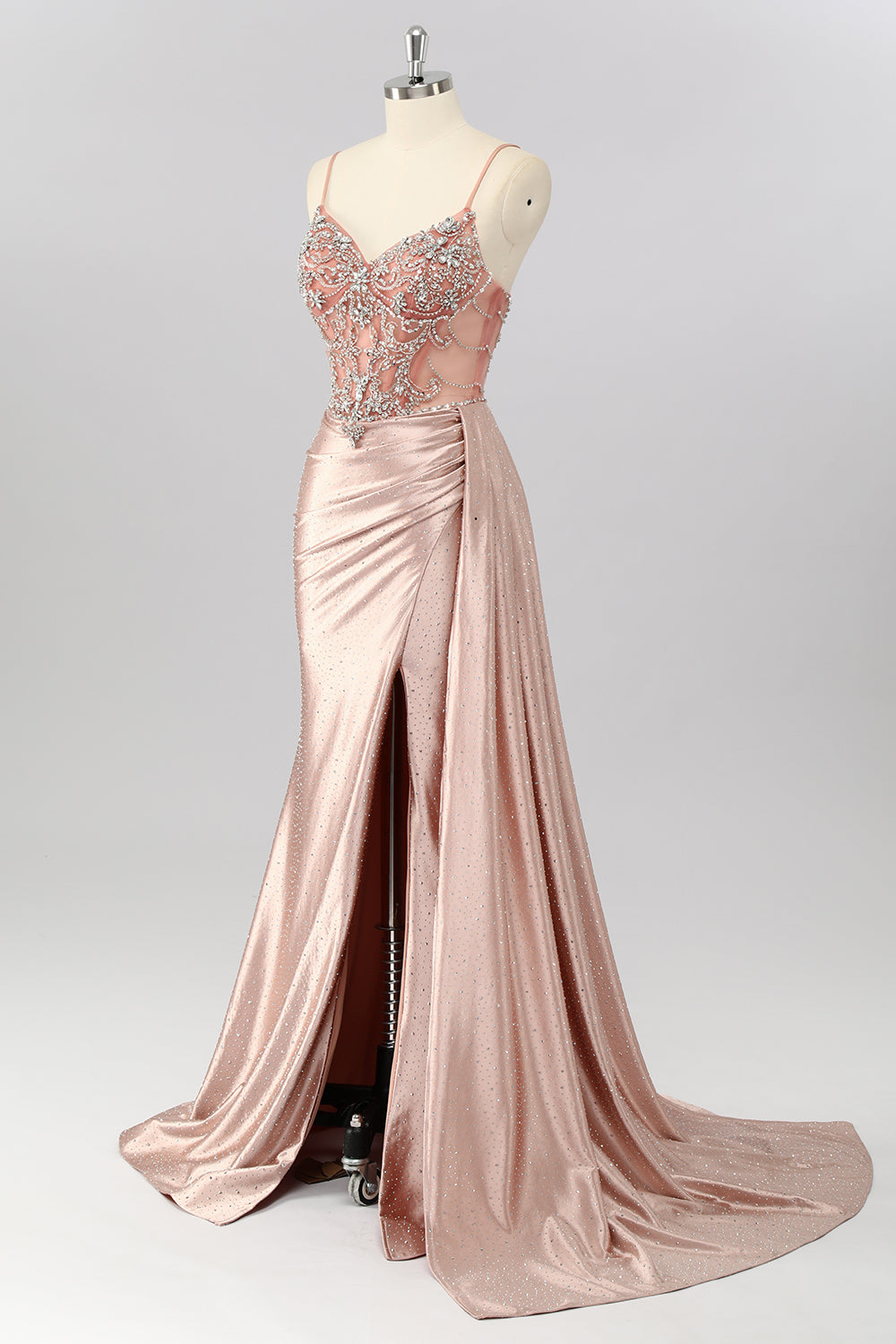 Robe de bal sirène blush à bretelles spaghetti et perles avec traîne latérale