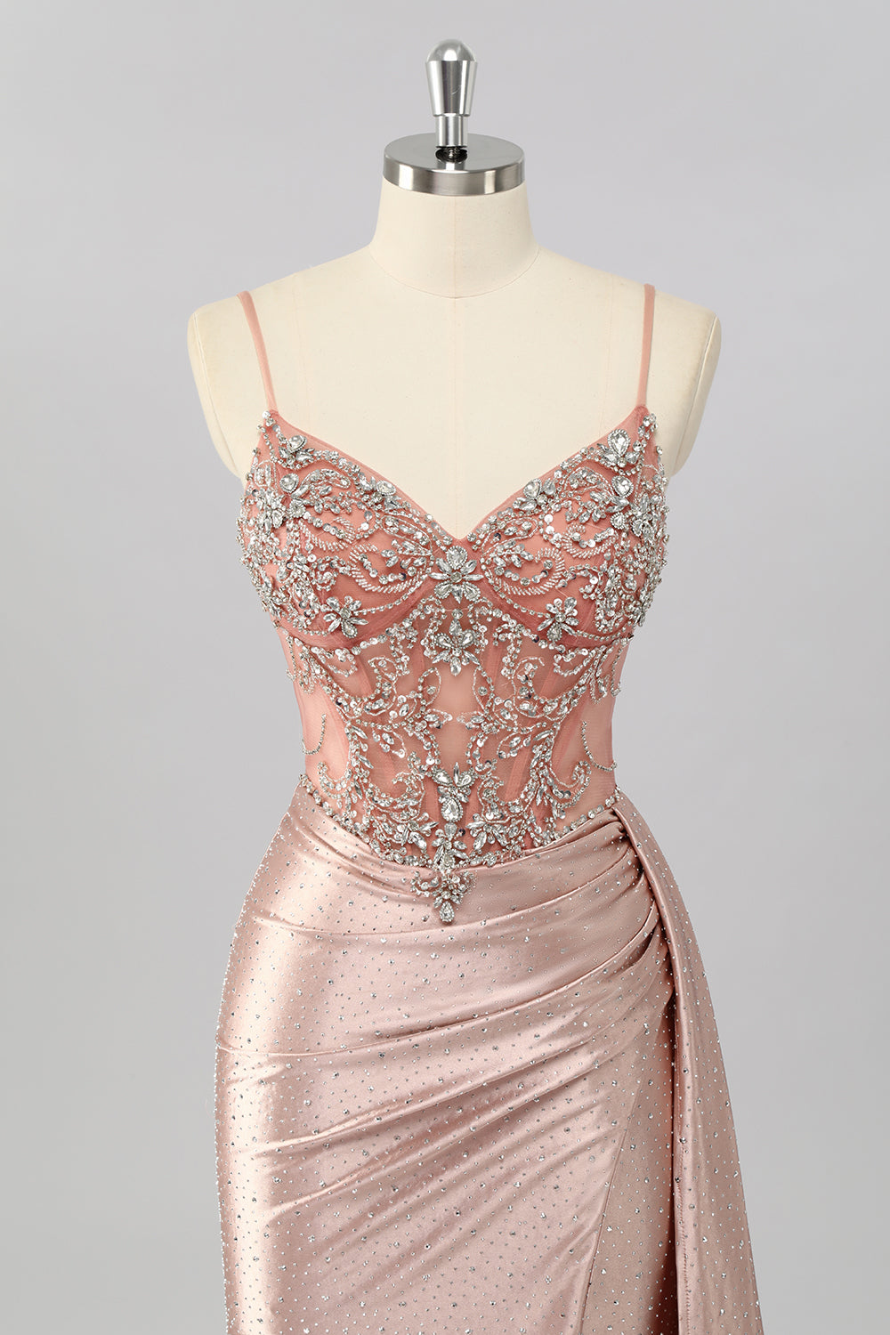 Robe de bal sirène blush à bretelles spaghetti et perles avec traîne latérale