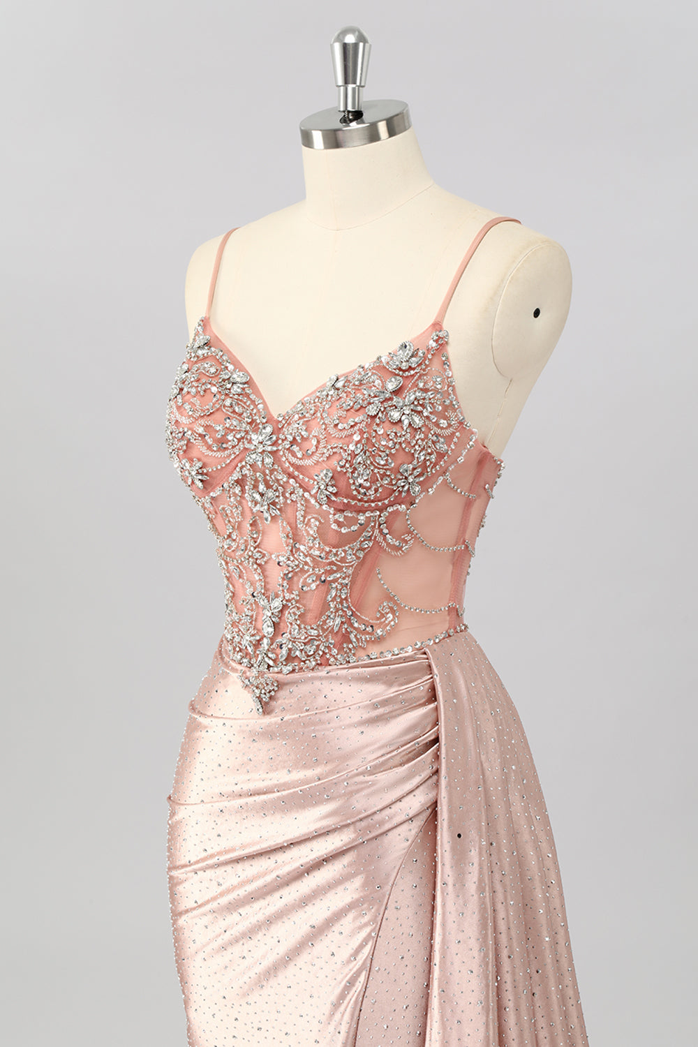 Robe de bal sirène blush à bretelles spaghetti et perles avec traîne latérale