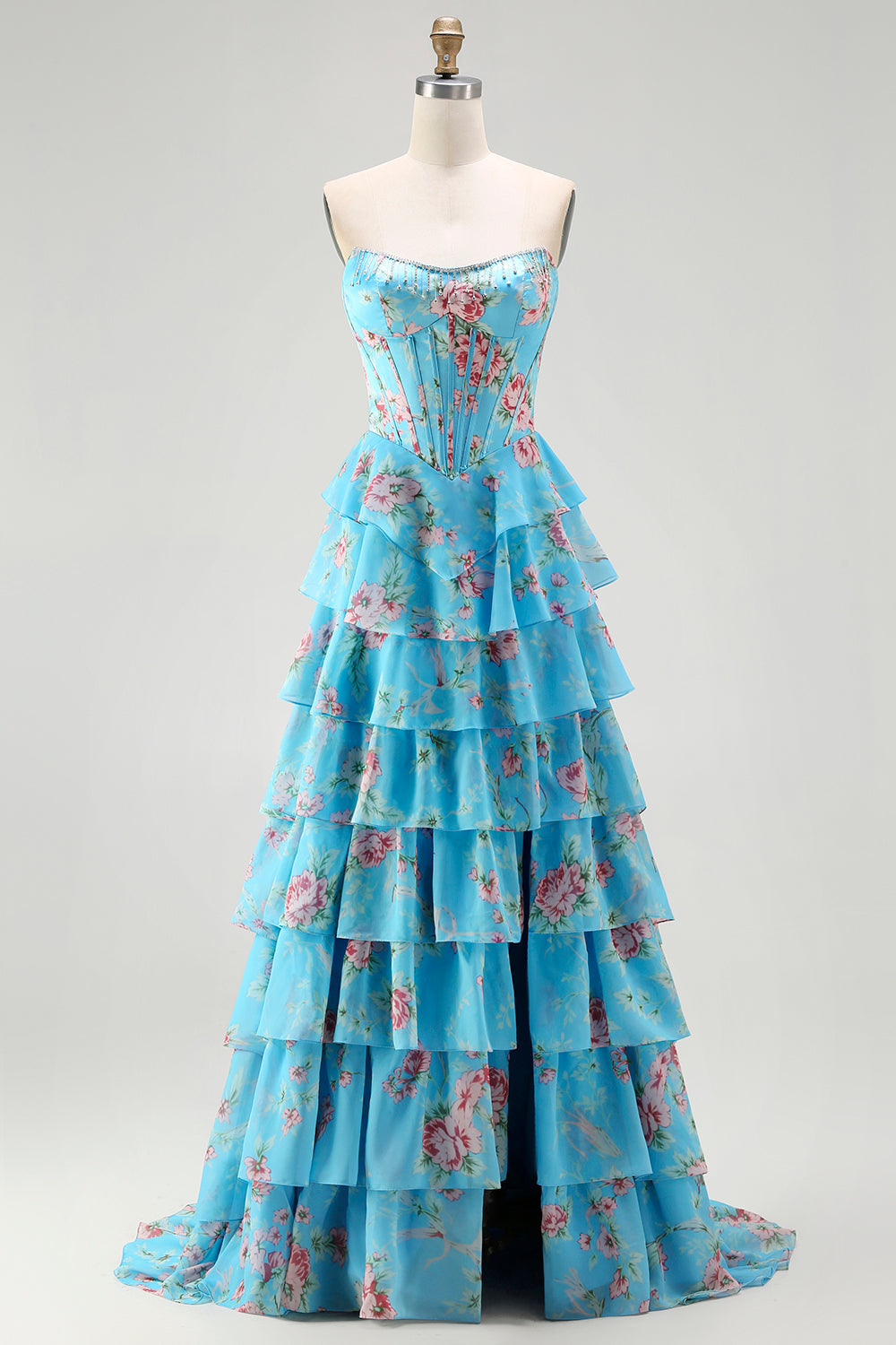 Robe de bal longue jaune sans bretelles, coupe trapèze avec corset, motif floral et jupe en mousseline à volants