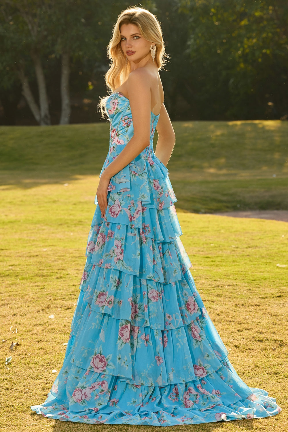 Blue Strapless A-Line Corset Tiered Ruffle Long Floral Prom Dress with Slit
