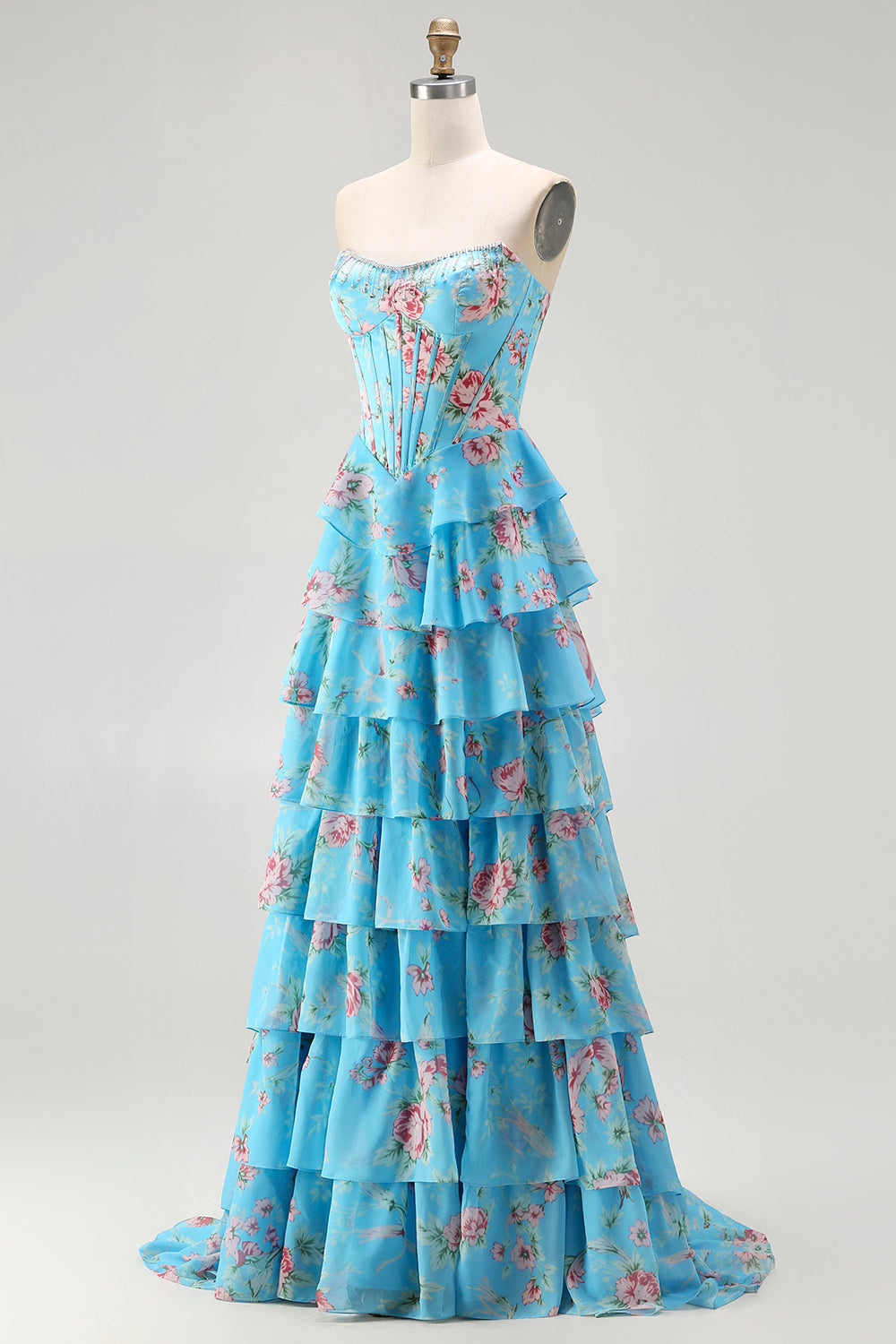 Robe de bal longue jaune sans bretelles, coupe trapèze avec corset, motif floral et jupe en mousseline à volants
