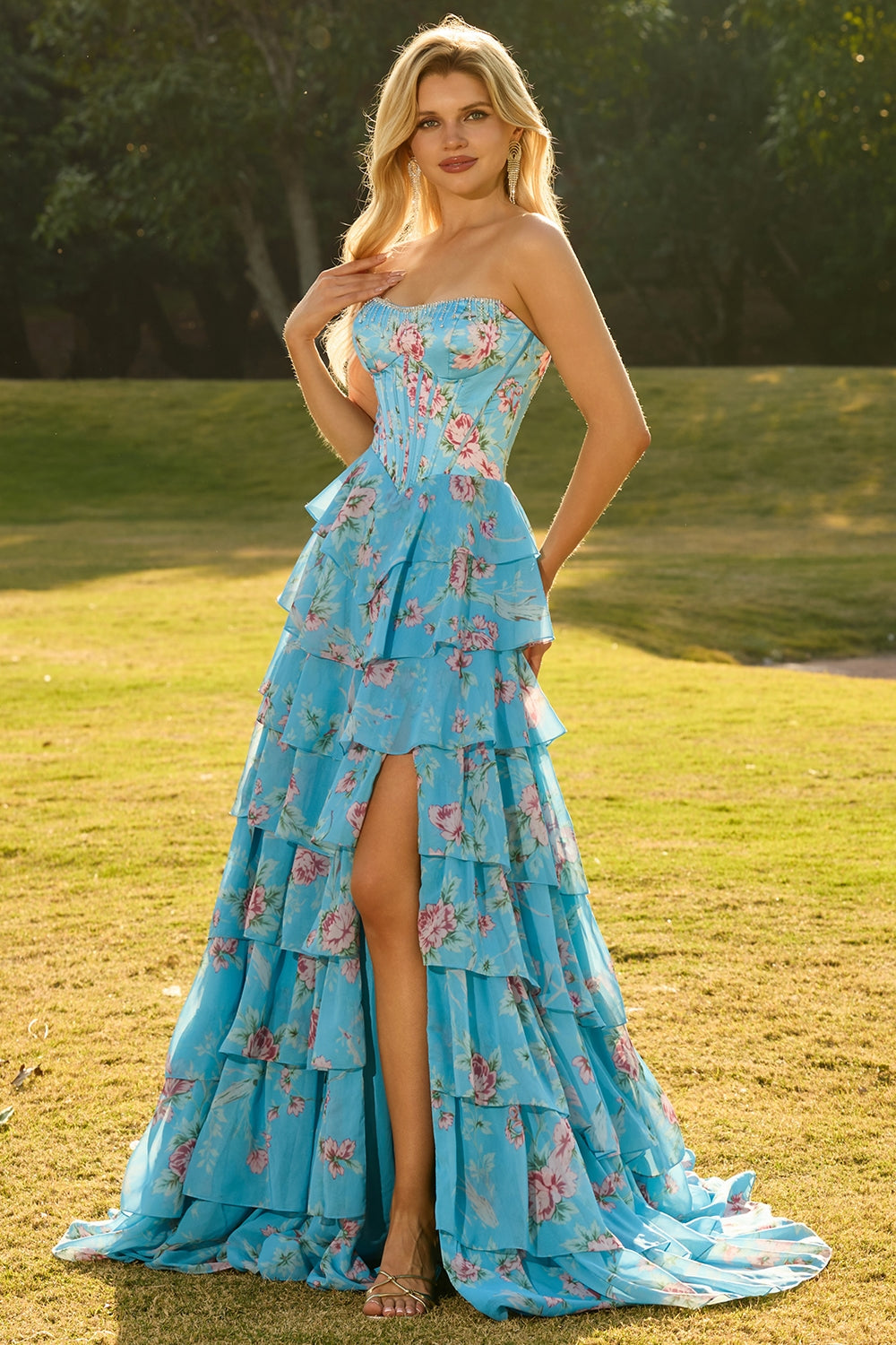 Blue Strapless A-Line Corset Tiered Ruffle Long Floral Prom Dress with Slit