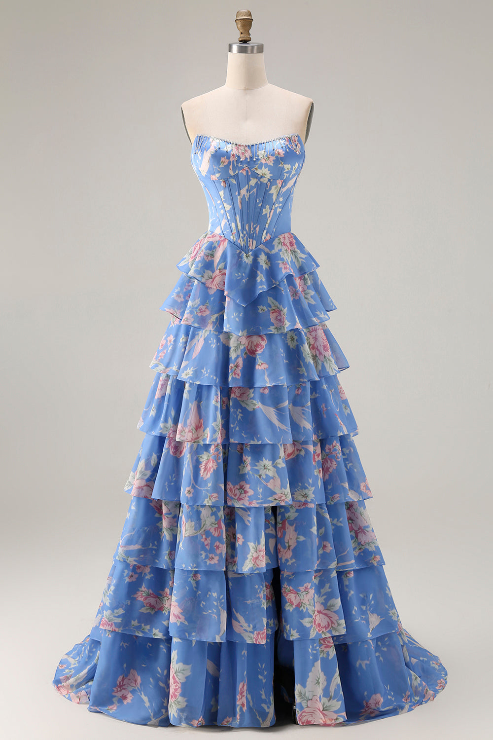 Robe de bal longue bleu foncé sans bretelles coupe trapèze avec bustier corset floral et jupe en mousseline à volants