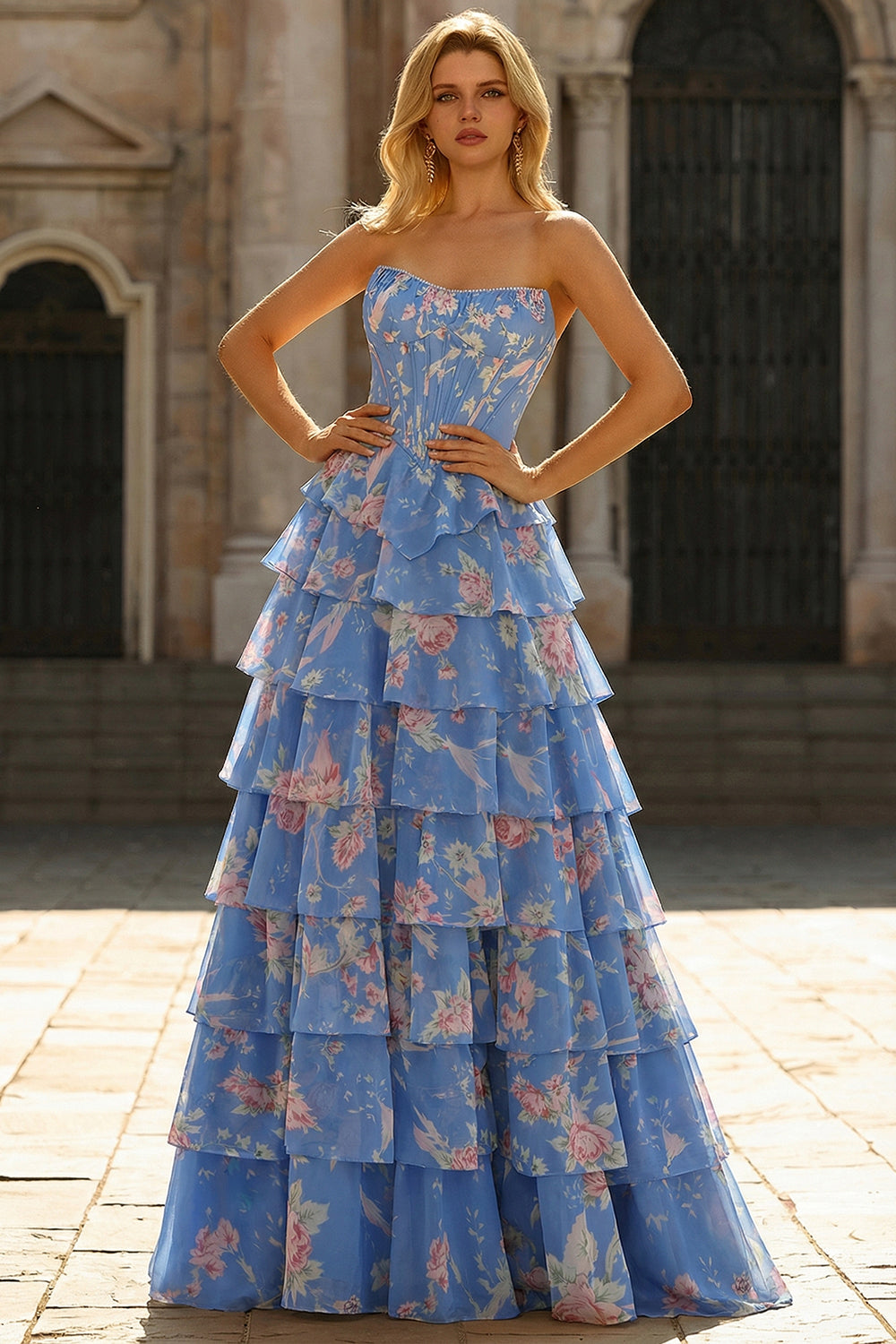 Blue Strapless A-Line Corset Tiered Ruffle Long Floral Prom Dress with Slit