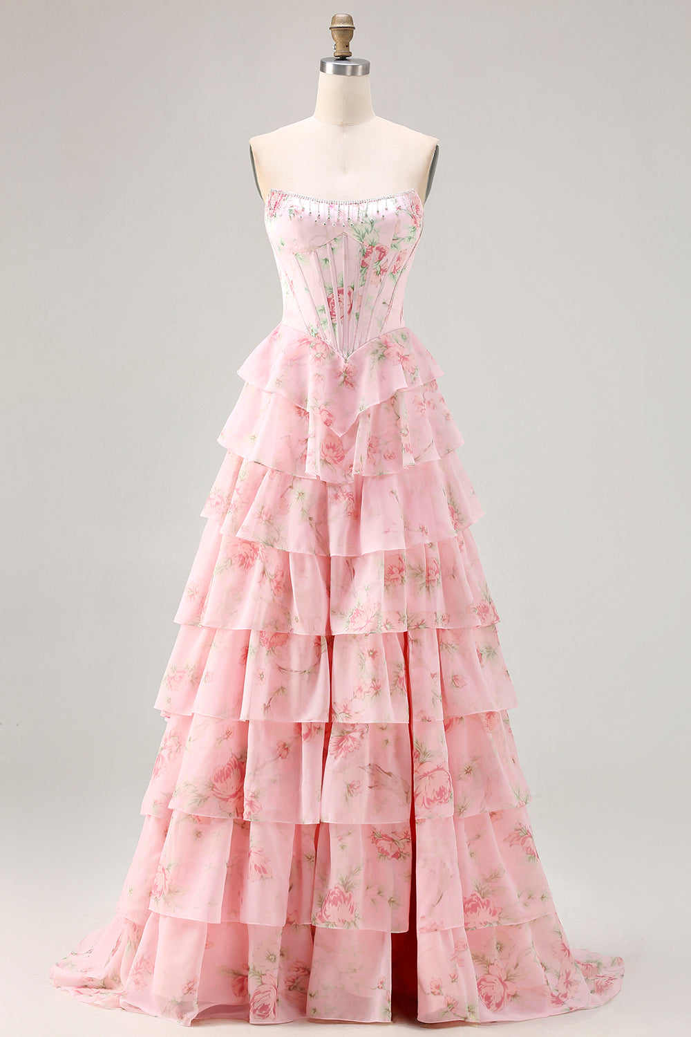 Robe de bal longue bleu foncé sans bretelles coupe trapèze avec bustier corset floral et jupe en mousseline à volants