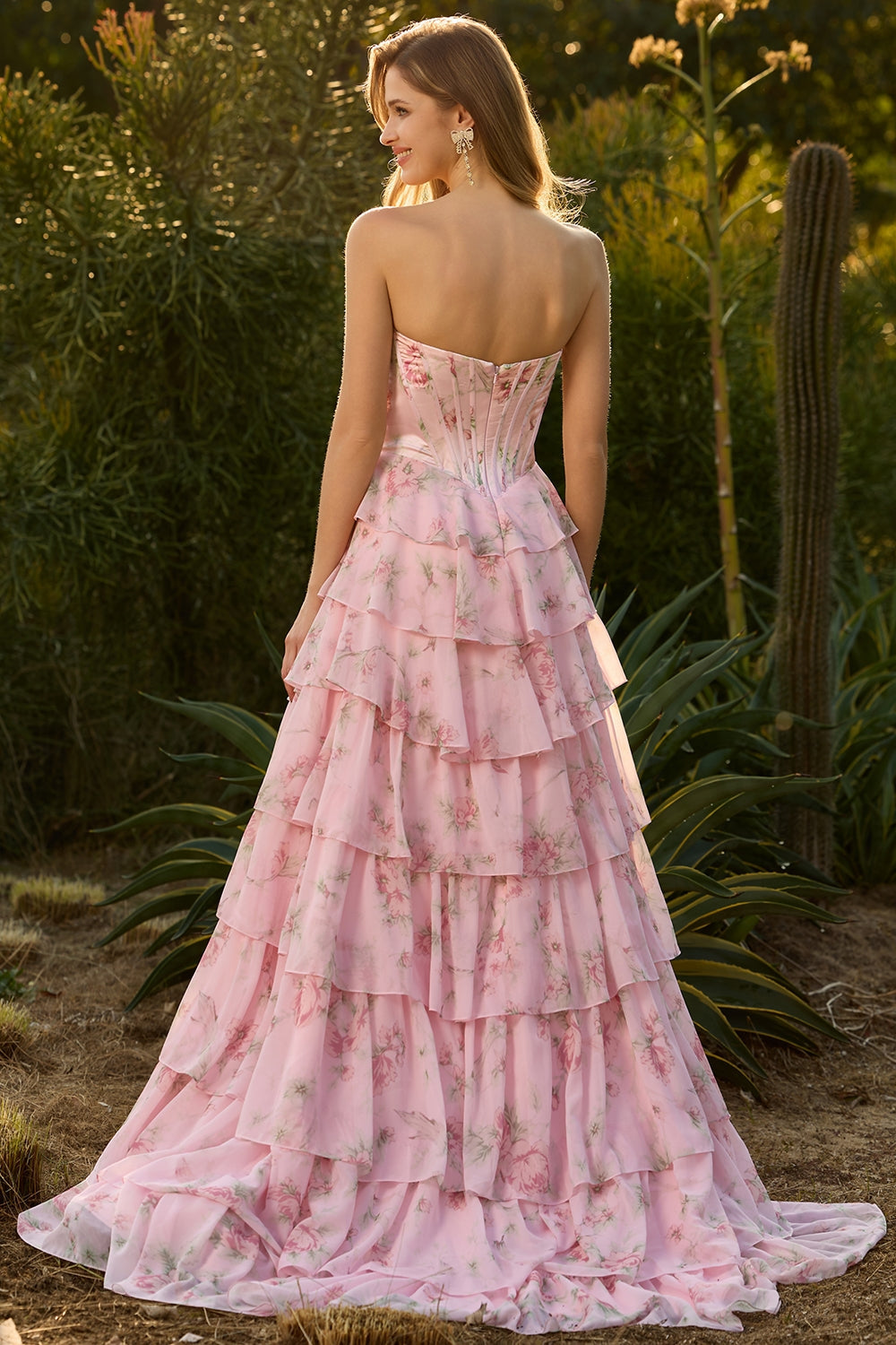 Blue Strapless A-Line Corset Tiered Ruffle Long Floral Prom Dress with Slit