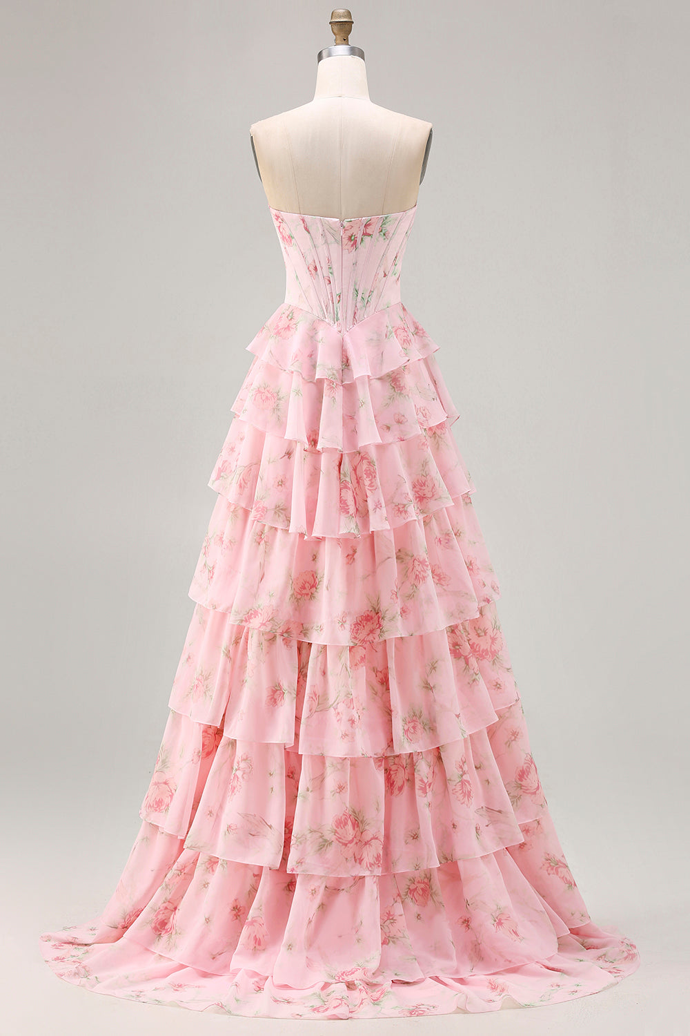 Robe de bal longue jaune sans bretelles, coupe trapèze avec corset, motif floral et jupe en mousseline à volants