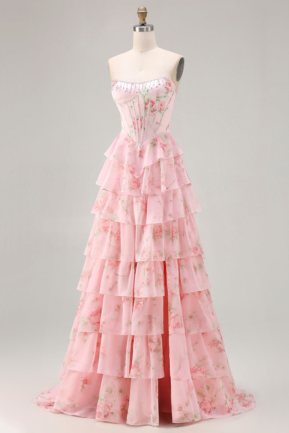 Robe de bal longue jaune sans bretelles, coupe trapèze avec corset, motif floral et jupe en mousseline à volants