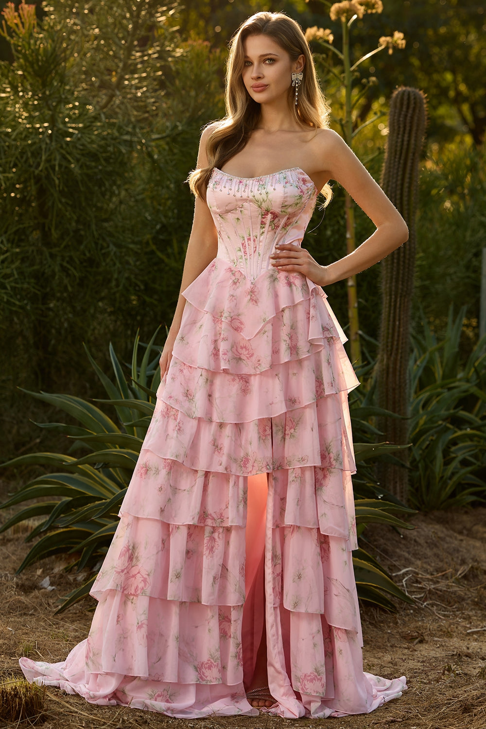 Blue Strapless A-Line Corset Tiered Ruffle Long Floral Prom Dress with Slit