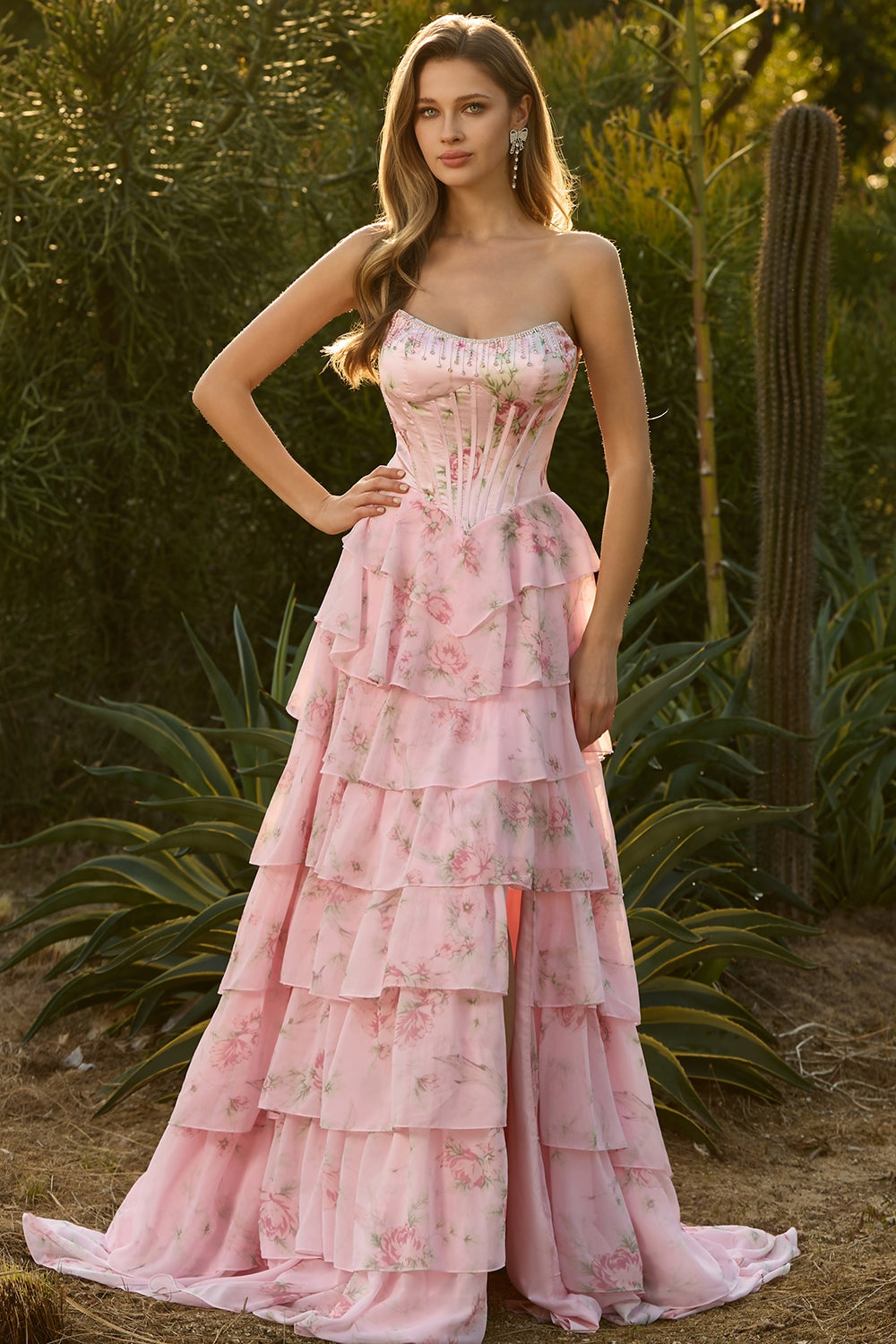 Blue Strapless A-Line Corset Tiered Ruffle Long Floral Prom Dress with Slit
