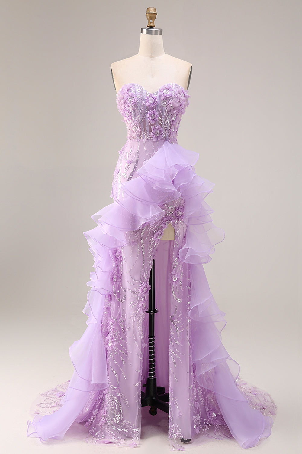 Sparkly Lilac Sweetheart Ruffled Sheath Side Slit Long Prom Dress with 3D Flowers