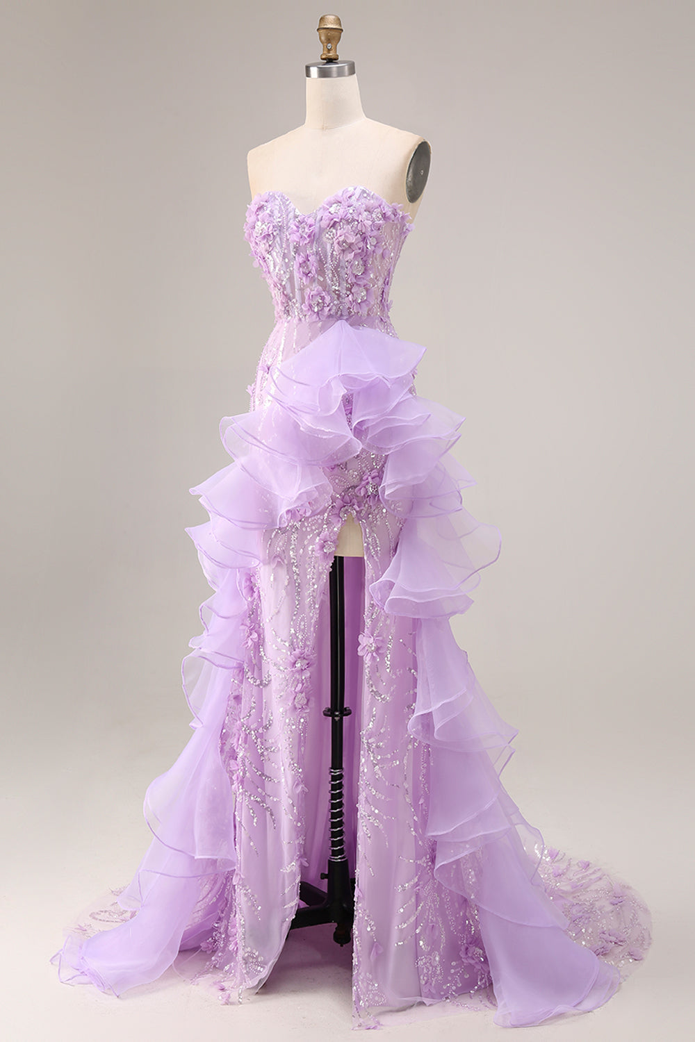 Sparkly Lilac Sweetheart Ruffled Sheath Side Slit Long Prom Dress with 3D Flowers