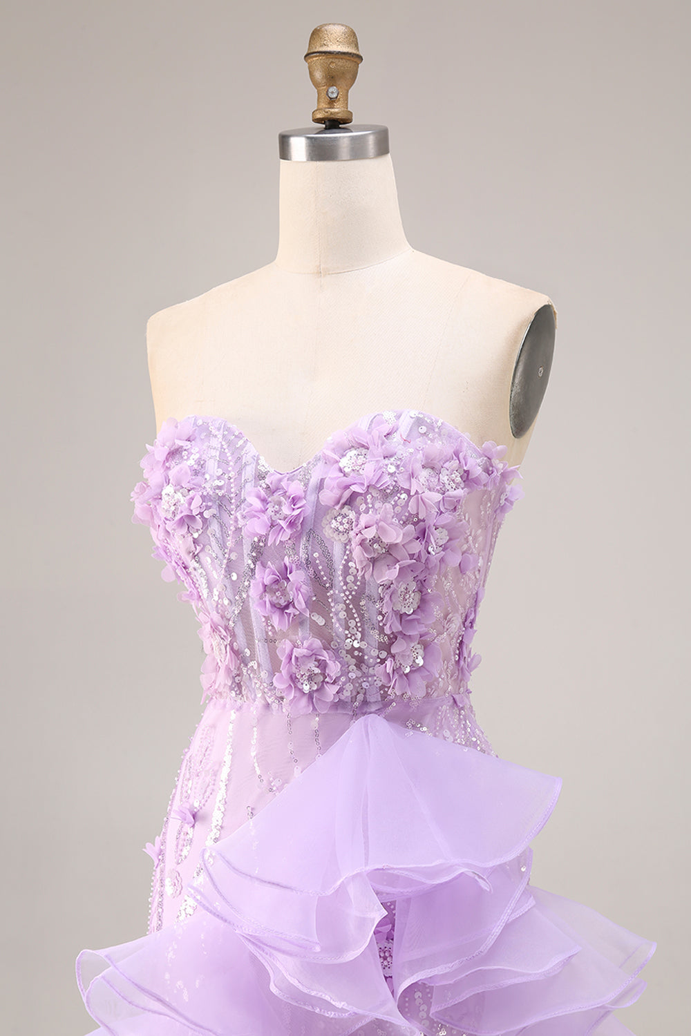 Sparkly Lilac Sweetheart Ruffled Sheath Side Slit Long Prom Dress with 3D Flowers