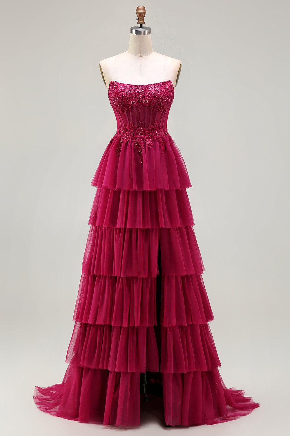 Strapless Green A-Line Corset Tiered Ruffle Tulle Long Prom Dress with Slit