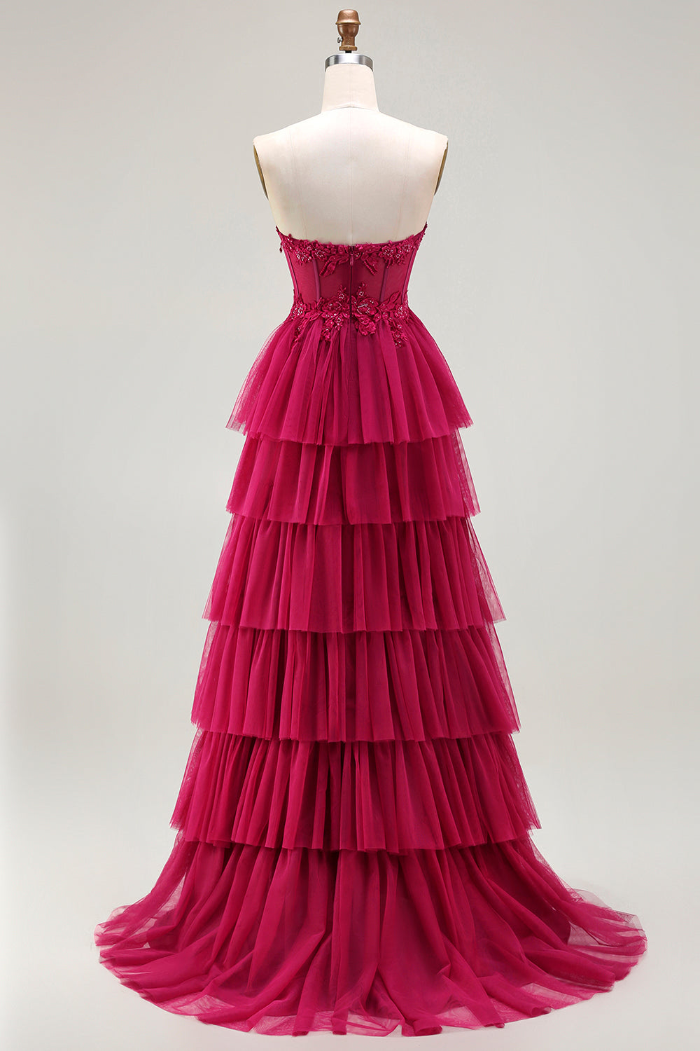 Strapless Green A-Line Corset Tiered Ruffle Tulle Long Prom Dress with Slit