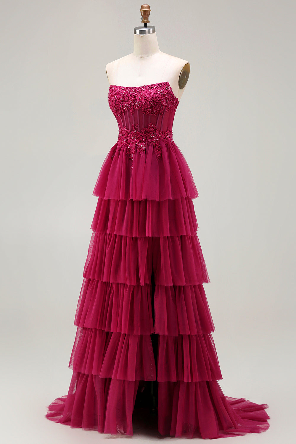 Strapless Green A-Line Corset Tiered Ruffle Tulle Long Prom Dress with Slit