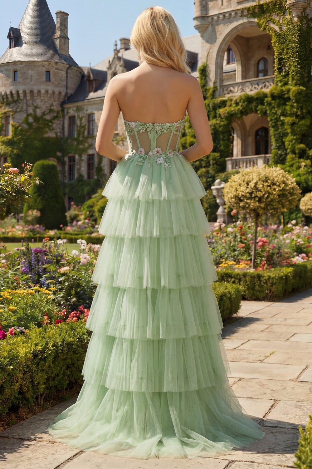 Strapless Green A-Line Corset Tiered Ruffle Tulle Long Prom Dress with Slit