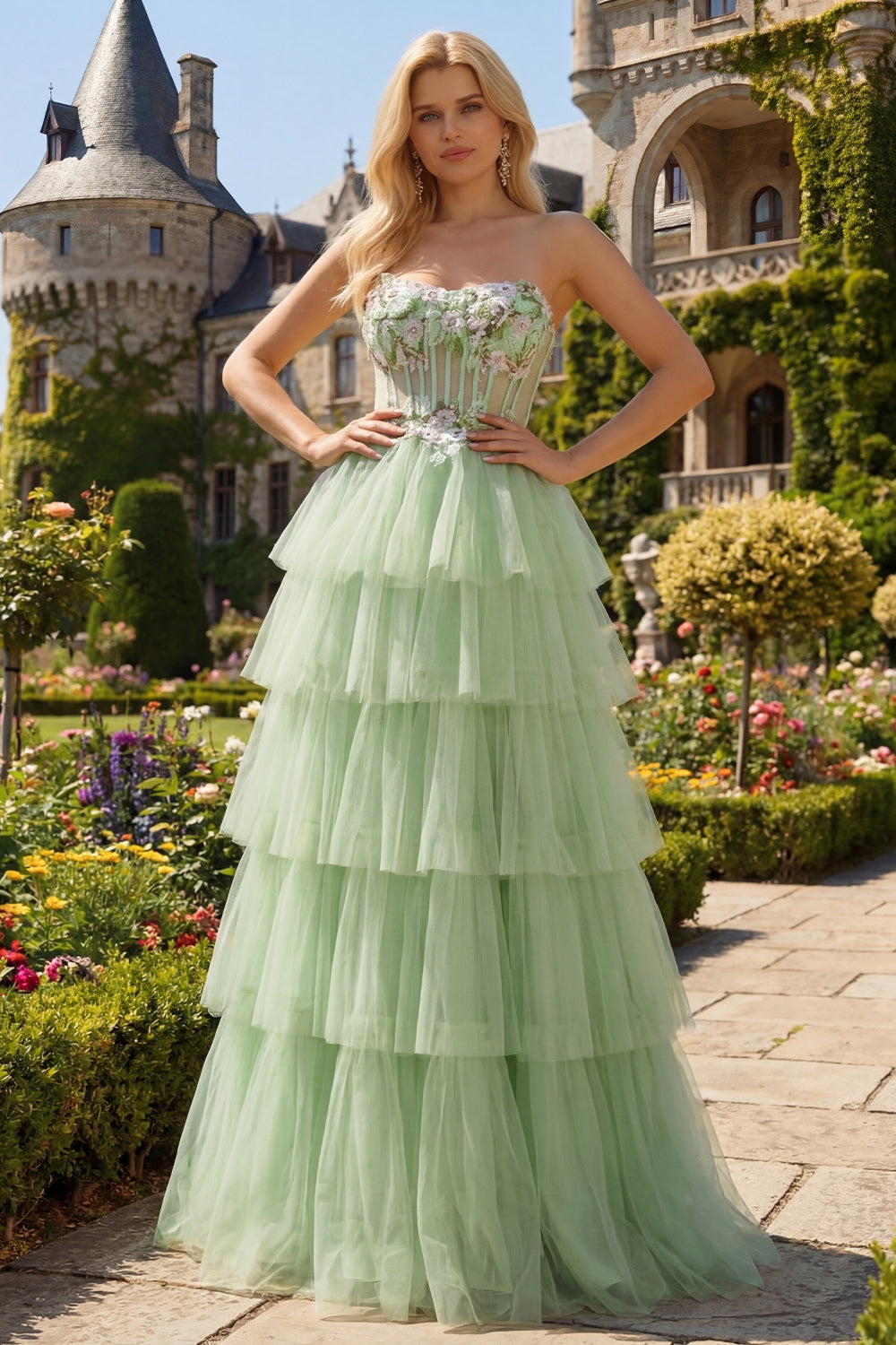 Strapless Green A-Line Corset Tiered Ruffle Tulle Long Prom Dress with Slit