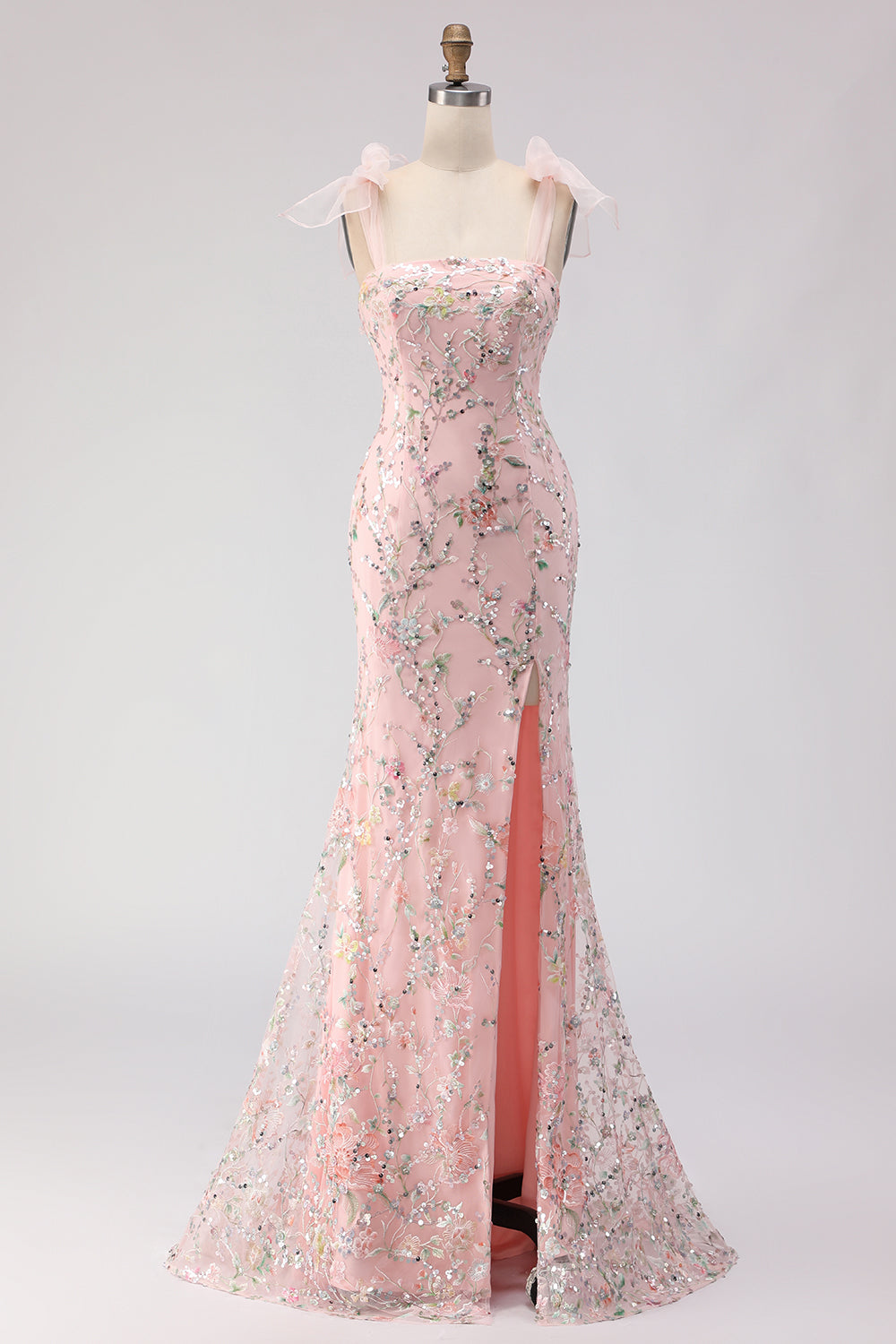 Blush Sequins Mermaid Embroidered Long Prom Dress with Slit