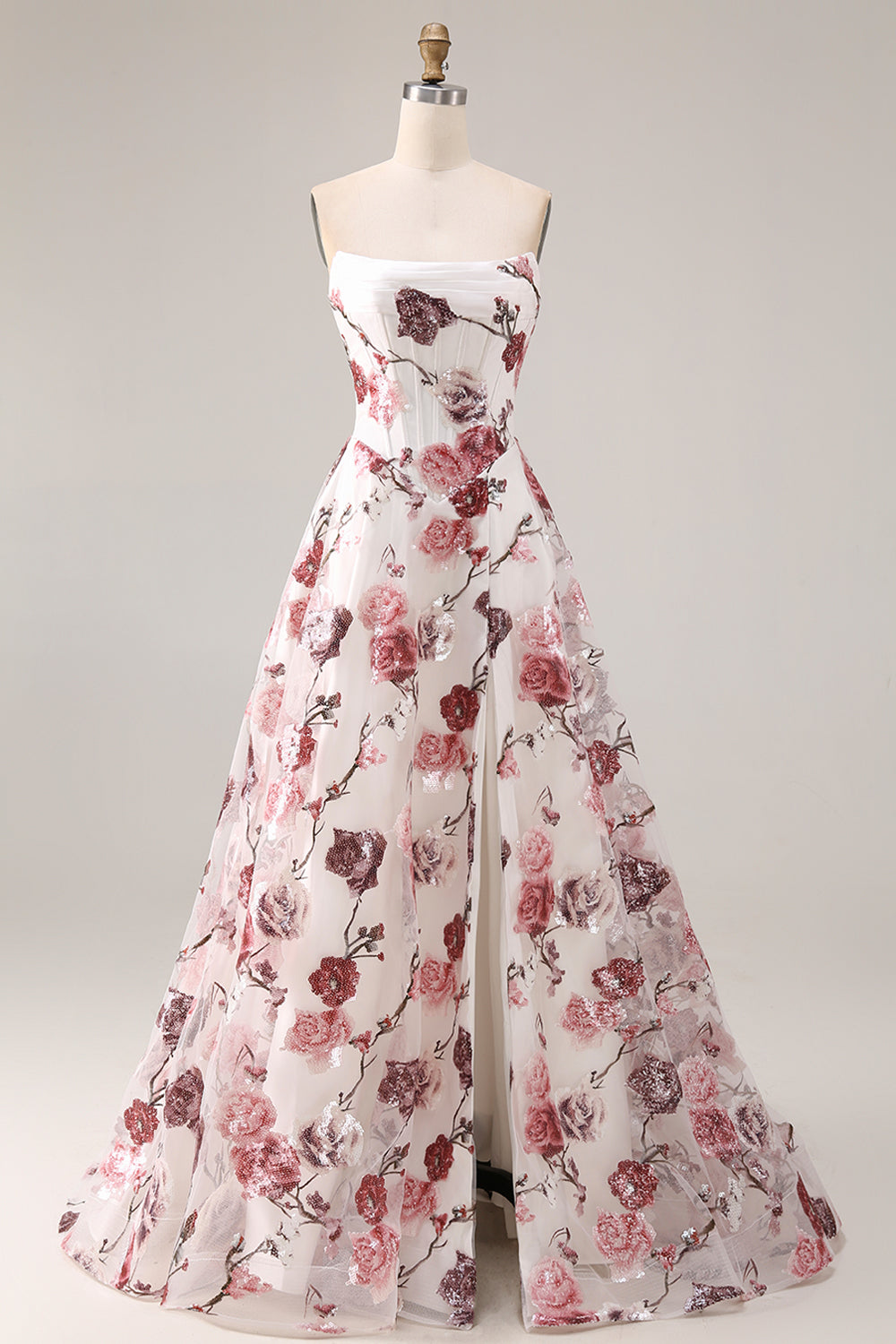 Robe de bal longue sans bretelles rouge et blanche avec fente, taille basque et coupe trapèze