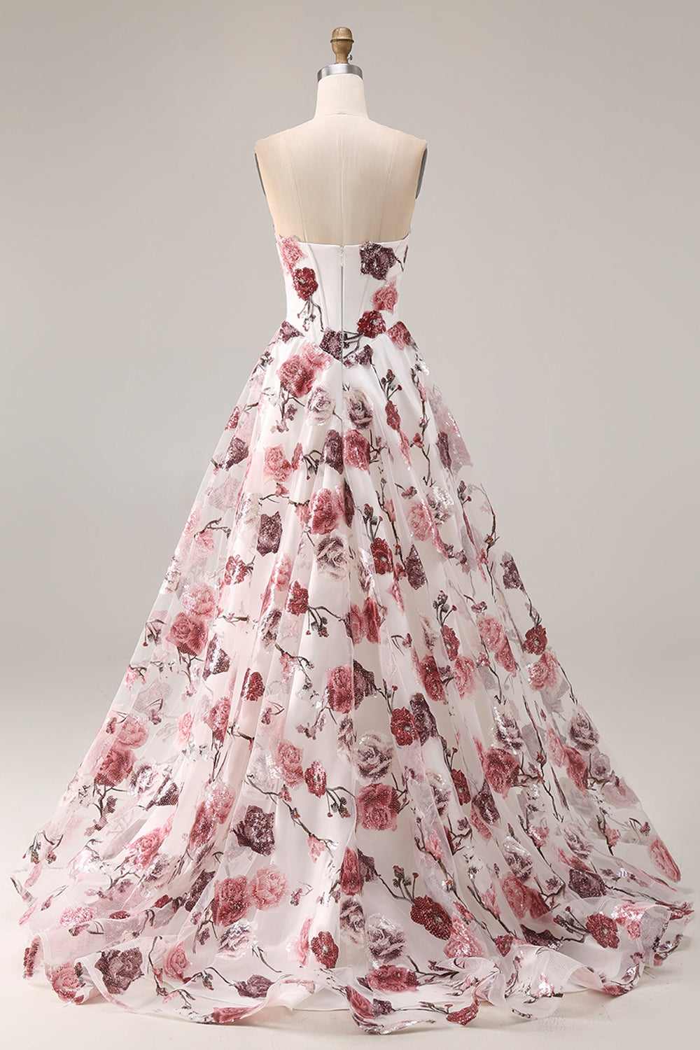 Robe de bal longue sans bretelles rouge et blanche avec fente, taille basque et coupe trapèze
