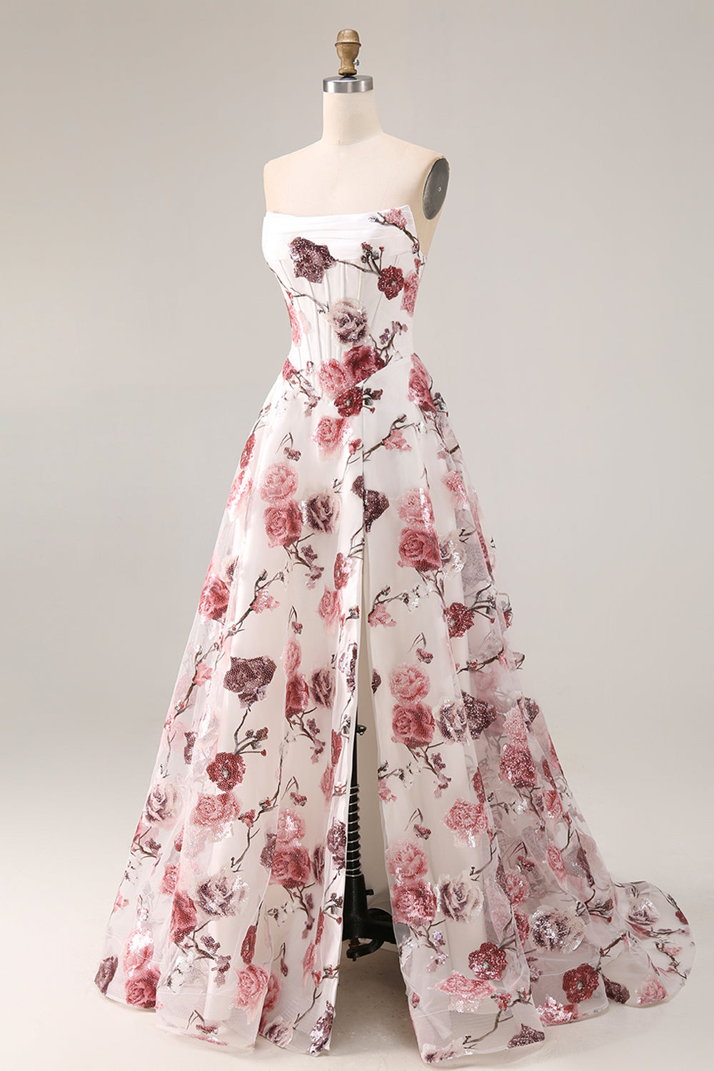Robe de bal longue sans bretelles rouge et blanche avec fente, taille basque et coupe trapèze