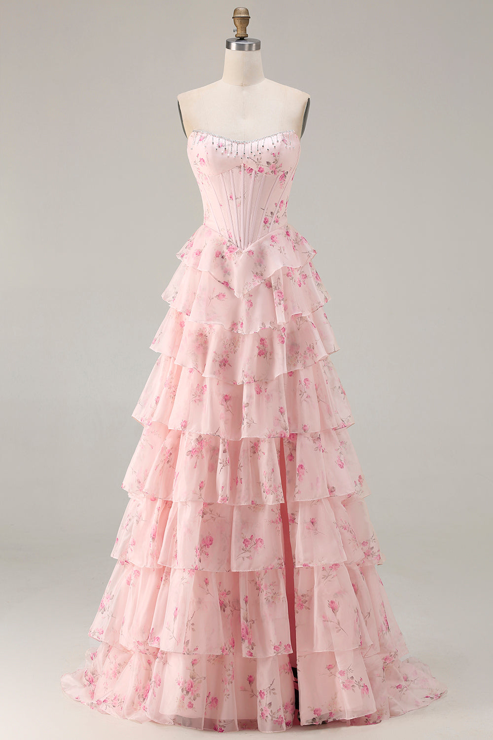 Strapless Pink A Line Tiered Ruffle Corset Floral Long Prom Dress with Slit