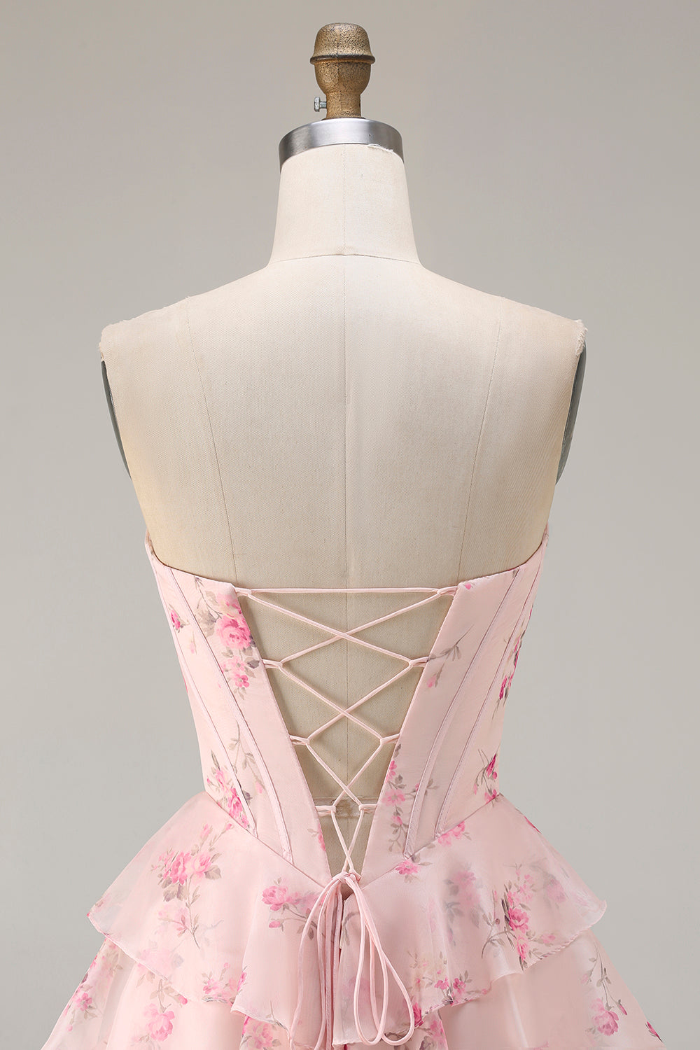 Strapless Pink A Line Tiered Ruffle Corset Floral Long Prom Dress with Slit