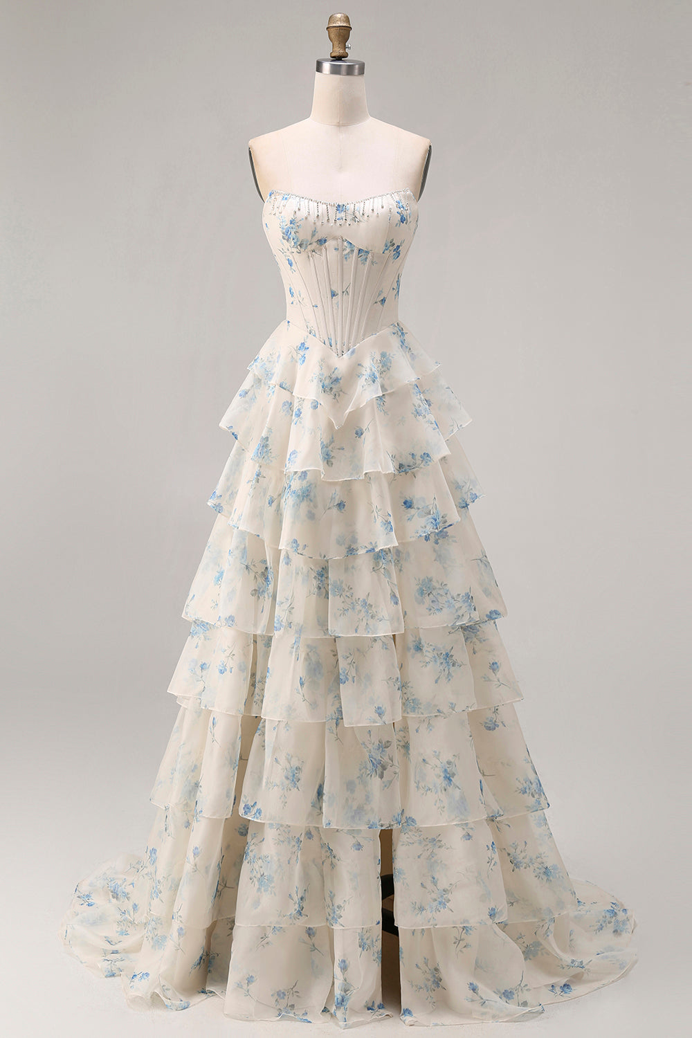 Strapless Pink A Line Tiered Ruffle Corset Floral Long Prom Dress with Slit