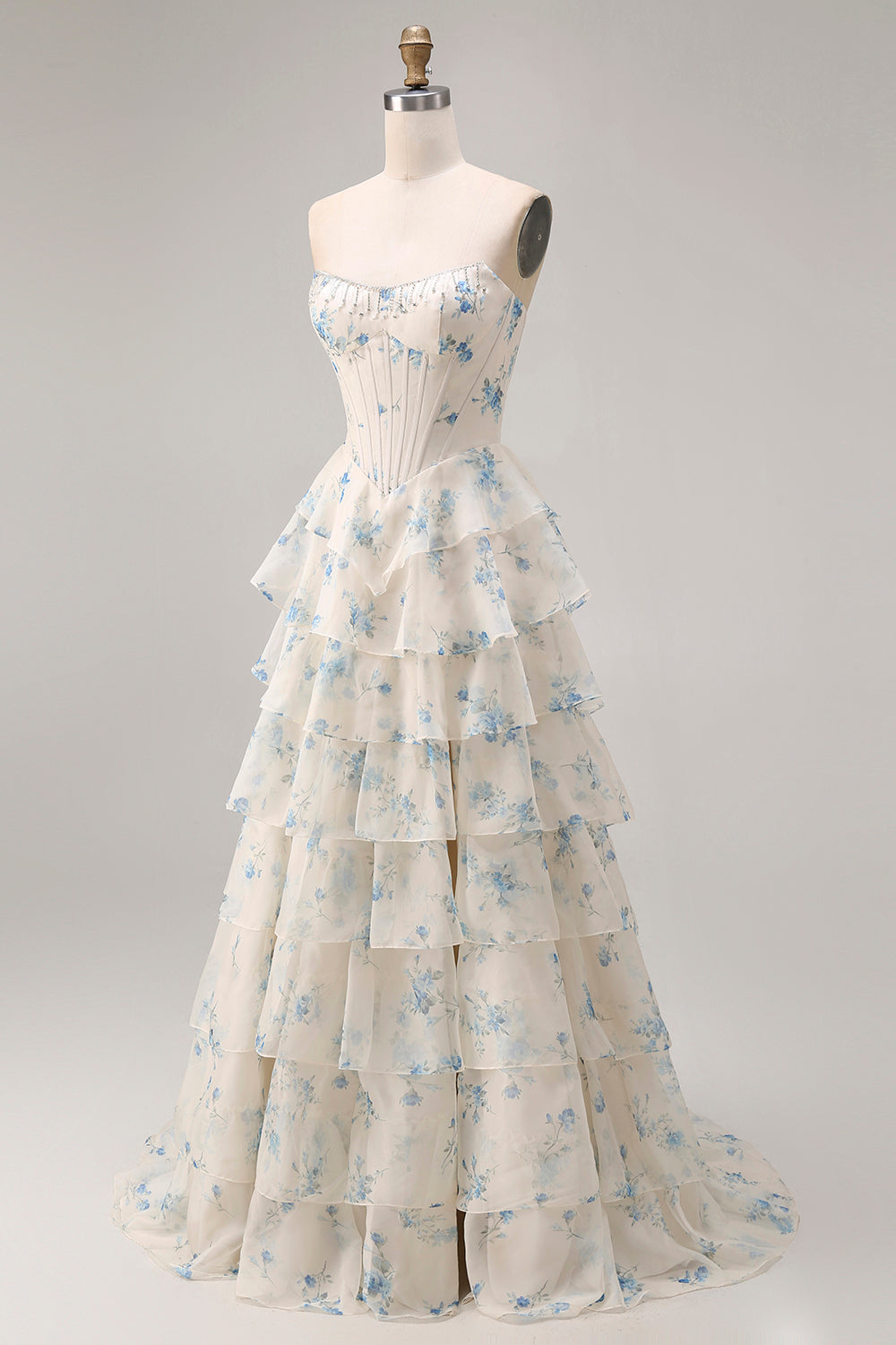 Strapless Pink A Line Tiered Ruffle Corset Floral Long Prom Dress with Slit