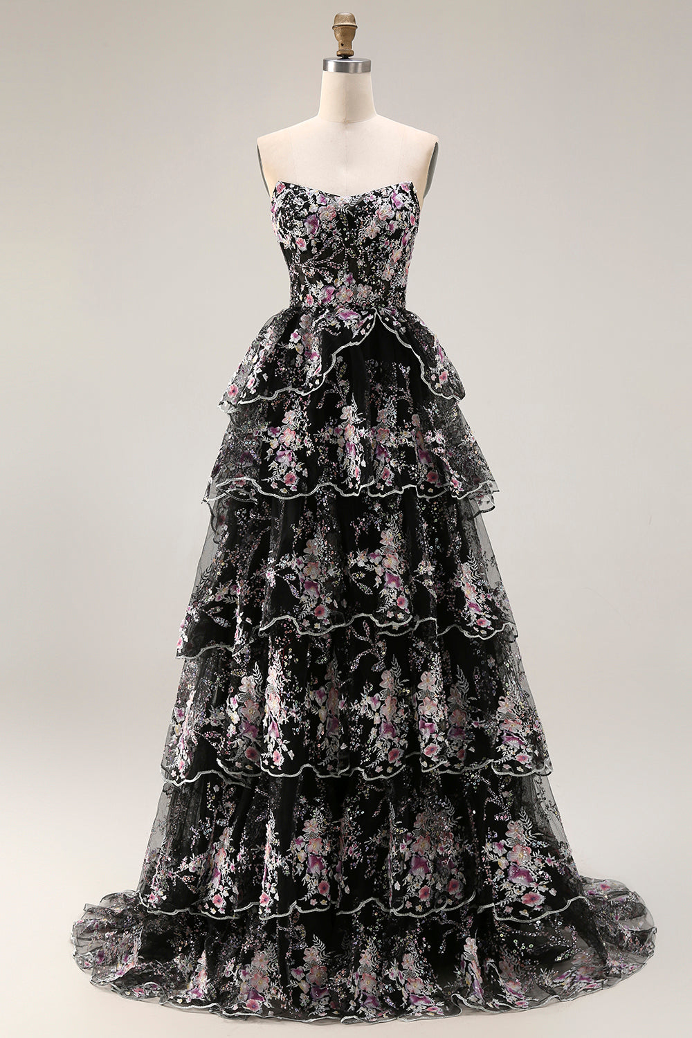 Black Pink Flower Strapless A-Line Tiered Sequin Long Prom Dress with Lace Up Back