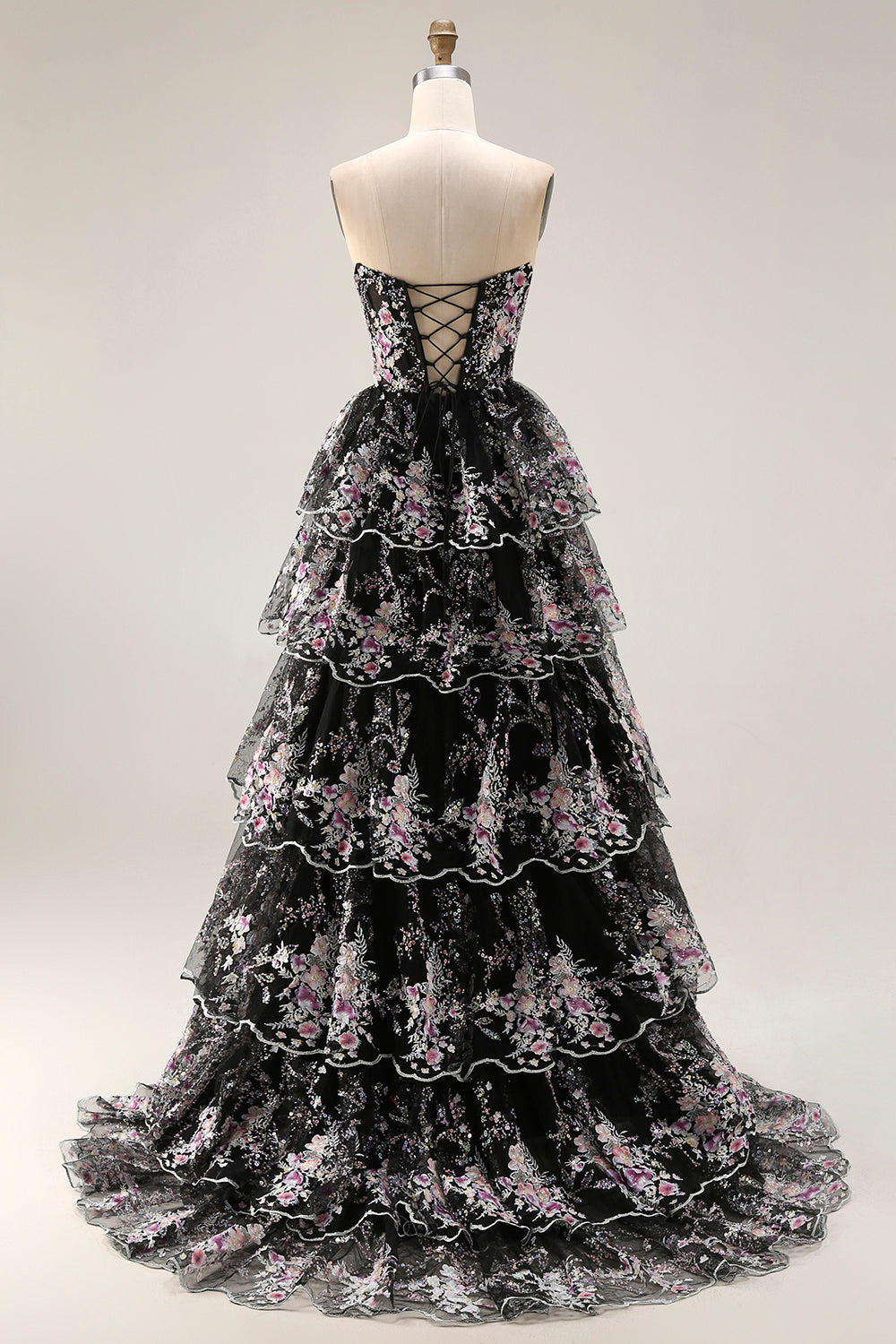 Black Pink Flower A-Line Strapless Tiered Sequin Long Prom Dress with Lace Up Back